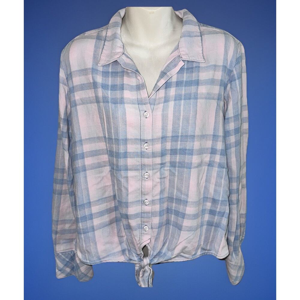 Cloth & Stone Top Womens Medium Blue Plaid Tie Front Button Up Long Sleeve